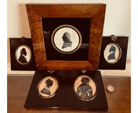 SILHOUETTE PORTRAIT IN MAPLE FRAME AND FOUR OTHERS, SUBJECTS UNKNOWN