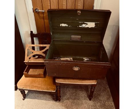 TWO CHAIRS, TIN TRAVELLING TRUNK, BOOK STAND AND TRAY