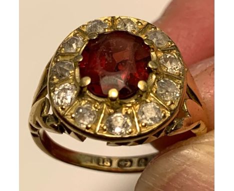 18ct GOLD RING SET WITH ONE TOURMALINE APPROX 2ct AND ELEVEN DIAMONDS APPROX 0.1ct, TOTAL WEIGHT APPROXIMATELY 4.6g. THERE IS