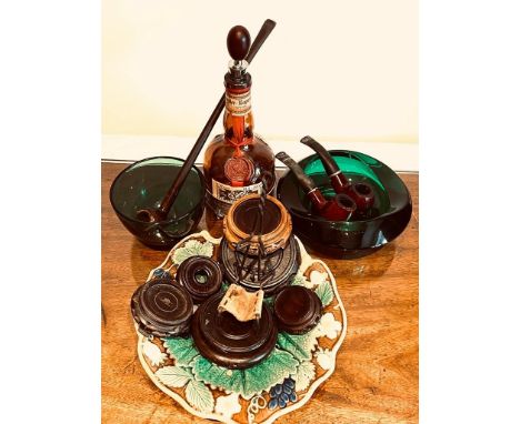 QUANTITY OF SUNDRY DECORATIVE OBJECTS INCLUDING THREE PIPES, TWO BOWLS, VICTORIAN PLATE, PIPE STAND, SIX ORIENTAL VASE STANDS