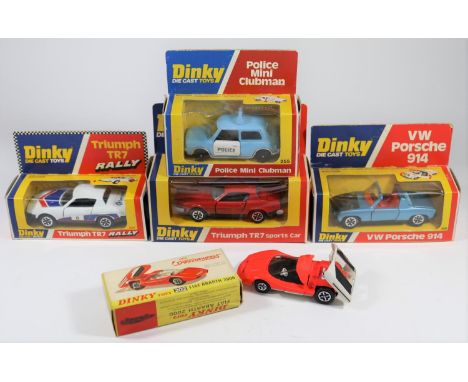 5 Dinky Toys Cars. Fiat Abarth 2000 (202) in florescent orange. Triumph TR7 Rally (207) in white, blue and red B.L. team live