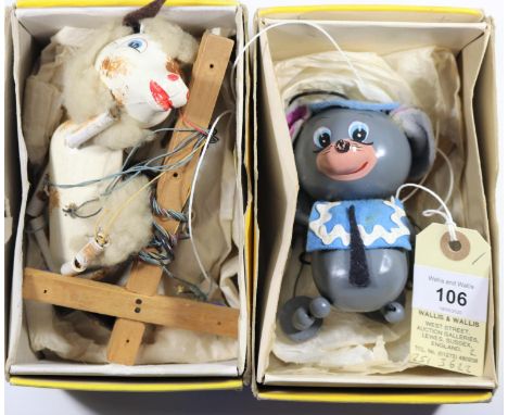 2 Pelham Puppet Animals. A Mouse, very much in the style of TV's Jerry mouse, in grey with grey/mauve felt ears, light blue/w