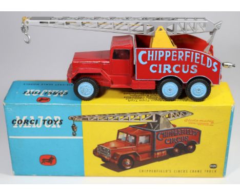 Corgi Major Toys Chipperfield's Circus Crane Truck (1121). In red, yellow and light blue livery, with light blue wheels, silv