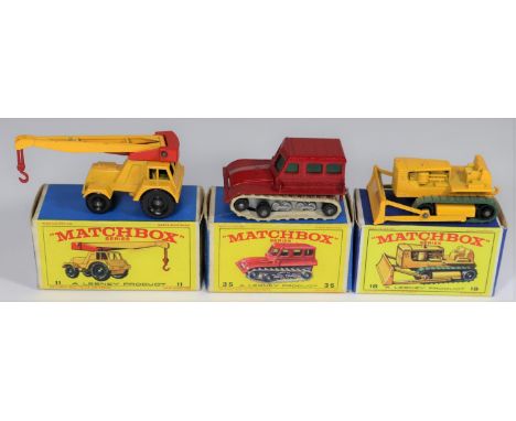 3 Matchbox Series. No.11 Jumbo Crane in yellow with red weight, red hook and black plastic wheels. No.18 Caterpillar Bulldoze