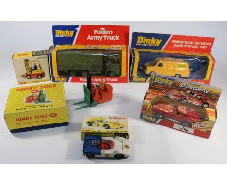 6 Dinky Toys. Foden Army Truck (668) in olive green. Coventry Climax Fork Lift Truck (401) in orange and green, with driver. 
