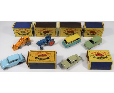 6 Matchbox Series. No.7 Ford Anglia in light blue with grey plastic wheels. No24 Weatherill Hydraulic Loader in yellow with m