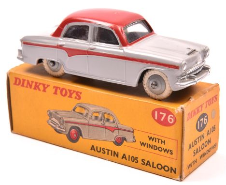 Dinky Toys Austin A105 Saloon (176). An example in light grey with red roof and red flash to sides, grey wheels and black tyr