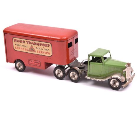 Tri-ang Minic tinplate clockwork articulated Pantechnicon. A scarce 1930's example with normal control tractor unit in light 