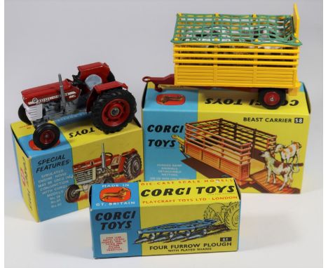 3 Corgi Toys. Massey-Ferguson 165 Tractor (66). In red, light grey and white livery. Plus a Beast Carrier (58) in yellow and 