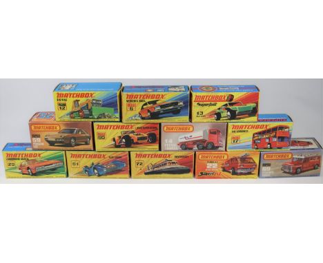 12 Matchbox Superfast/75. No.6 Mercedes 350SL. No.12 Big Bull. No.13 Baja Buggy. No.14 Petrol Tanker. No.17 The Londoner doub