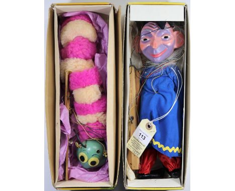 2 Pelham Puppets. A harder to find Wizard with mid blue/light coat with yellow wavy line detailing, red trousers and white on