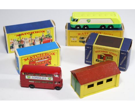 4 Matchbox Series. A Major M-1 B.P. Tanker in yellow, green and white livery, with black base and black plastic wheels. Plus 