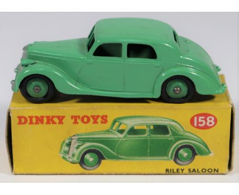 Dinky Toys Riley Saloon (40A/158). An example in light green with mid green wheels and black tyres. Boxed,  minor wear. Vehic