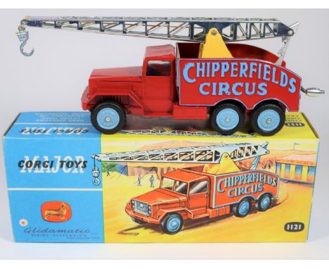 Corgi Major Toys Chipperfield's Circus Crane Truck (1121). In red, yellow and light blue livery, with light blue wheels, silv