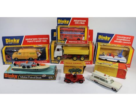 7 Dinky Toys. Coastguard Amphibious Missile Launch (674) in white and blue with red seats. Foden Tipping Lorry (432) in white