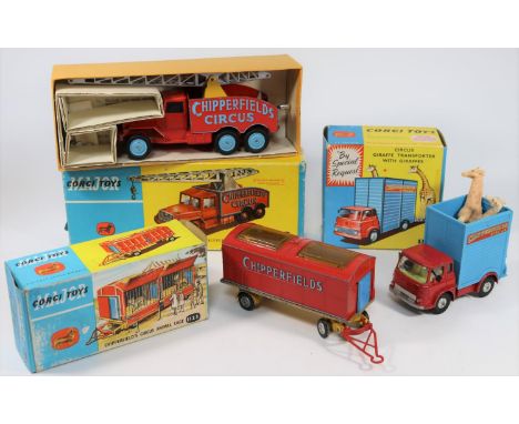 3 Corgi/Major Toys. Chipperfield's Circus Crane Truck (1121). In red, yellow and light blue livery, with light blue wheels, s