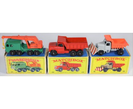 3 Matchbox Series. No.16 Scammell 'Mountaineer' Snow Plough in light grey with orange rear tipping body, plough with red/whit
