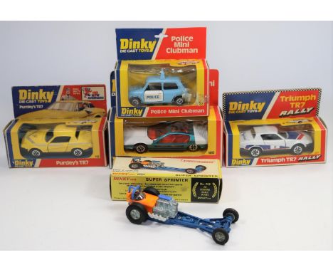 5 Dinky Toys. Purdey's TR7 (112) in yellow with yellow flash and black interior. Triumph TR7 Rally (207) in white, blue and r