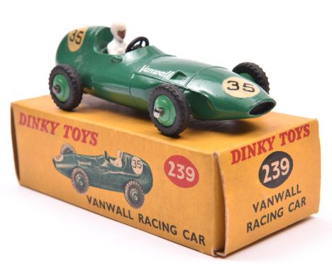 Dinky Toys Vanwall Racing Car (239). An example in dark green with white driver, mid green metal wheels and treaded black tyr