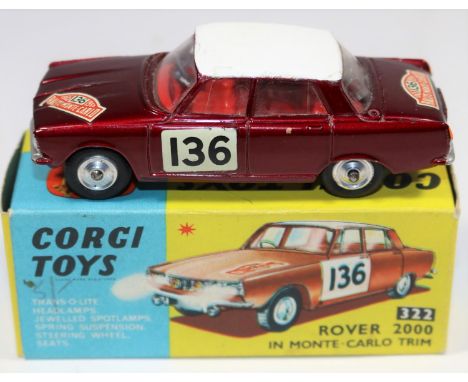 Corgi Toys Rover 2000 in Monte-Carlo Trim (322). In dark metallic maroon with white roof and red interior, RN 136 to doors an