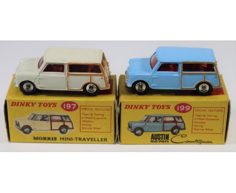 2 Dinky Toys Minis. Morris Mini Traveller (197). In cream with red interior. Plus an Austin Seven Countryman (199). In light 