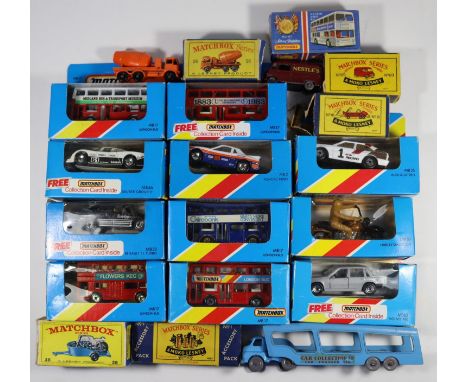 11 Matchbox MB Series etc. MB2 Pontiac Firebird. 5x MB17 London Bus, all different examples. MB25 Audi Quattro, MB33 Renault 