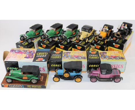9 original issue Corgi Classics. 4x 1927 Bentley, all in green with brown interiors, black roofs and RN3 to radiators. 2x 191