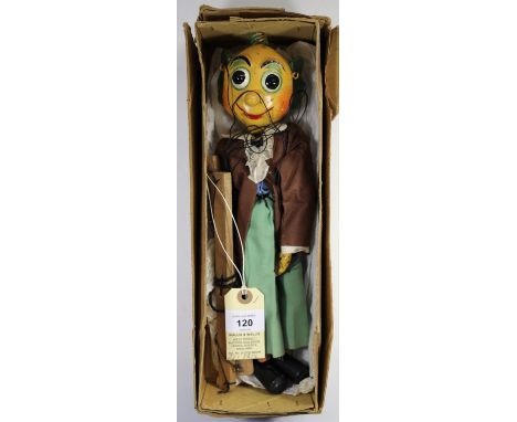 A scarce early Pelham Puppet, 'Television's Mr. Turnip'. With dark brown jacket and light green trousers, light blue shirt wi