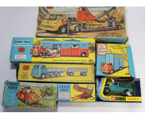 7 Corgi Toys. Chipperfields Circus Horse Transporter (1130) in red and light blue livery. Circus Giraffe transporter With Gir