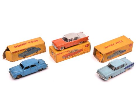 3 Dinky Toys. Studebaker Land Cruiser (172). In mid blue with fawn wheels. Studebaker President Sedan (179) in light blue wit