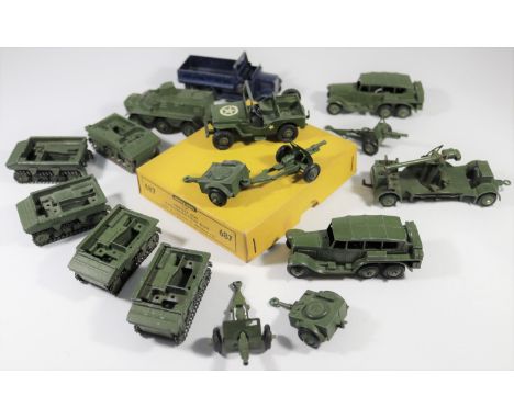 A quantity of Dinky Military. A rare U.S. Army Jeep (25Y-U.S. Export issue). 2x Reconnaissance Cars, Mobile Anti-Aircraft Gun
