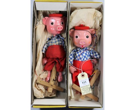 2 Pelham Puppets from the 1960's Children's BBC Television series 'Pinky &amp; Perky'. Both with red trousers, blue/white che