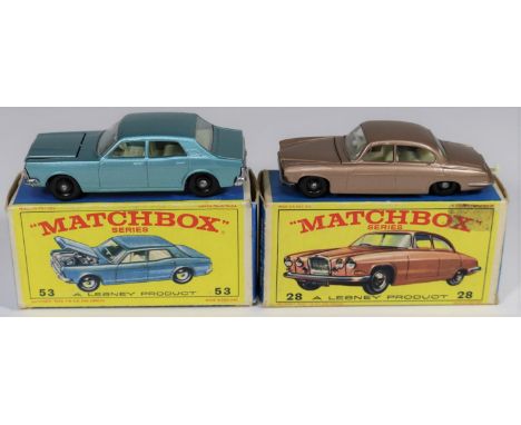 2 Matchbox Series. No.28 Mark Ten Jaguar. In metallic light brown with cream interior, black plastic wheels and black base. P
