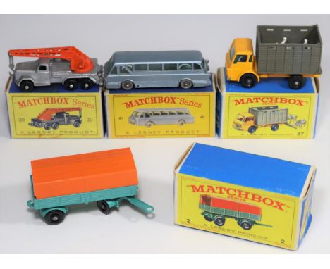 4 Matchbox Series. No.2 Mercedes Trailer in turquoise with orange tilt. No.30 Leyland Tiger Long Distance Coach in metallic l