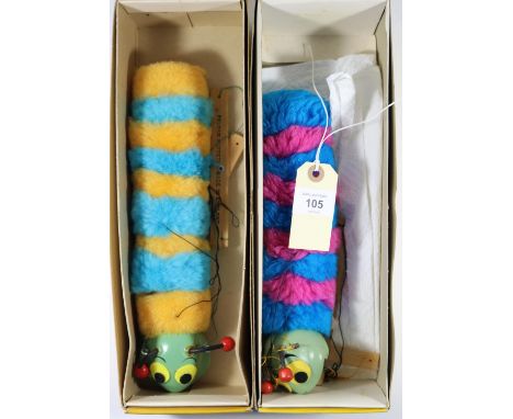 2 Pelham Puppets Standard Puppets- Caterpillar (A6). An example with pink and turquoise fur and another in light blue and ora