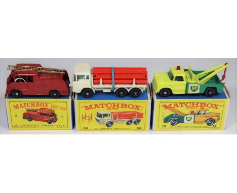 3 Matchbox Series. No.9 Merryweather Fire Engine. In red with gold ladder and black plastic wheels.  No.13 Dodge Wreck Truck 