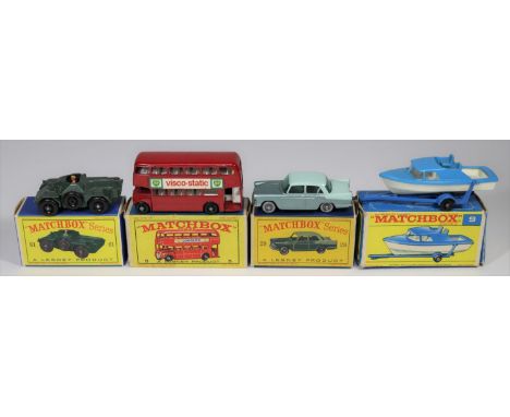 4 Matchbox Series. No5 Routemaster bus in red with BP Visco Static adverts, with black plastic wheels. No.9 Boat &amp; Traile