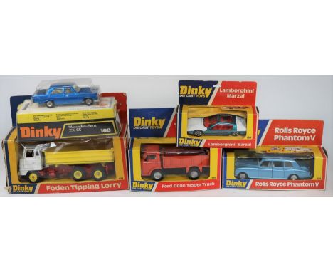 5 Dinky Toys. Ford D800 Tipper Truck (440). In orange with white seats. Mercedes-Benz 250 SE (160) in metallic mid blue with 