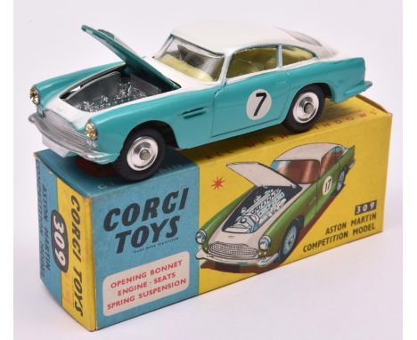 Corgi Toys Aston Martin Competition Model (309). in turquoise and white with yellow interior, RN7, with dished spun wheels an