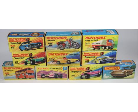 10 Matchbox Superfast. No.3 Porsche Turbo. No.13 Baja Buggy. No.14 Iso Grifo.  No.17 The Londoner double deck bus. No.18 Hond