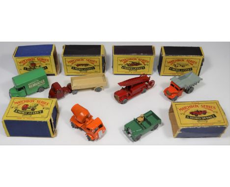 6 Matchbox Series. Quarry Truck in orange with light grey tipping rear body and metal wheels. No.9 Dennis Fire Escape in red 