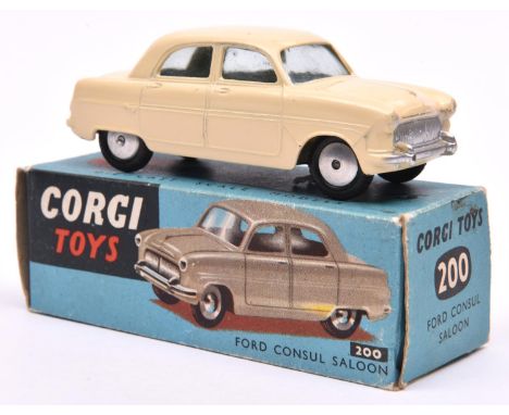 Corgi Toys Ford Consul Saloon (200). The first true Corgi. A scarce example in cream with smooth spun wheels and black tyres.