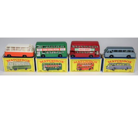 4 Matchbox Series. No.5 Routemaster bus in red with BP Visco Static adverts. No.40 Leyland Royal Tiger Long Distance Coach in