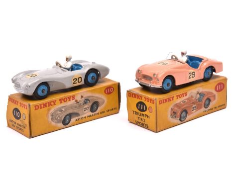 2 Dinky Toys Racing Cars. Aston Martin DB3 Sports (110). An example in light grey with mid blue interior and wheels, black ty