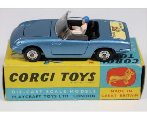 Corgi Toys Lotus Elan S2. (318). Example in light metallic blue with black interior, 'I've Got a Tiger in my Tank' decal to b