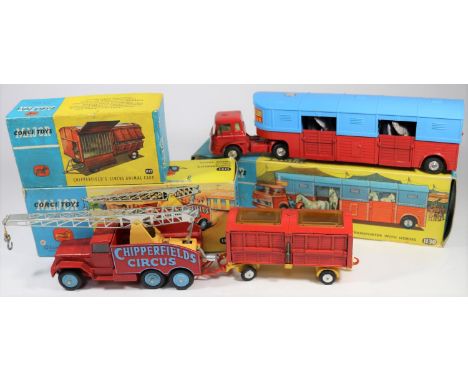 Corgi Major Toys Chipperfield's Circus Crane Truck (1121). In red, yellow and light blue livery, with light blue wheels, silv