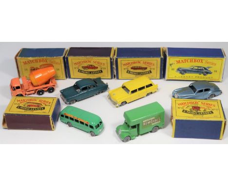6 Matchbox Series. No.17 Removals Van in light green 'Matchbox Removals Service livery, with metal wheels. No.21 Bedford Coac