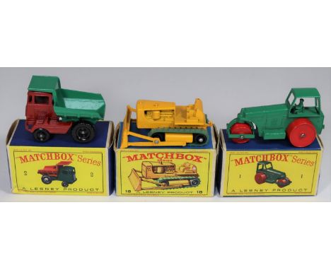 3 Matchbox Series. No.1 Diesel Road Roller. In light green with red plastic wheels. No.2 Muir-Hill Dumper in deep red, with L