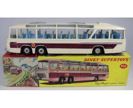 Dinky Supertoys Vega Major Luxury Coach (952). Example in white with mauve flash to sides and light blue interior. Example wi