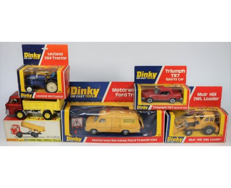 5 Dinky Toys. Muir Hill 2WL Loader (437). In yellow. Ford D800 Tipper truck (438) cab in metallic red with white interior, br